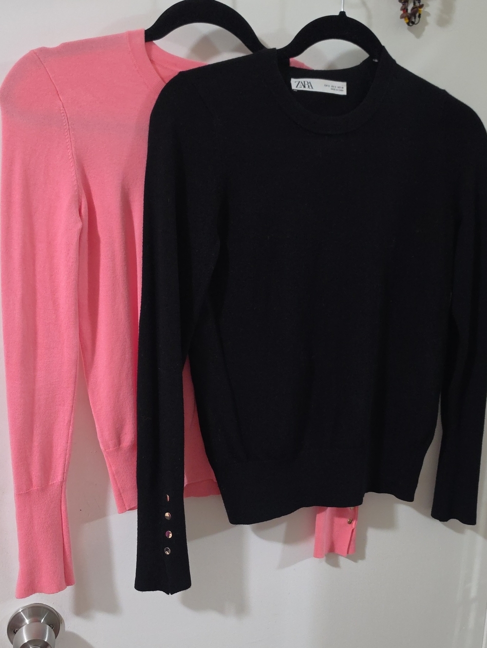 Zara Women's Crewneck Sweaters in Black/Pink With Gold Buttons